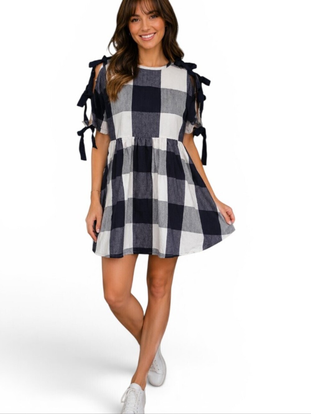 Lazy Oaf Oversized Buffalo Check Bow Sleeve Babydoll Mini Dress. Size 6